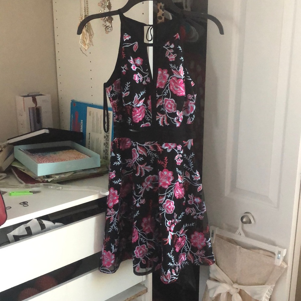 Blue and pink black floral dress